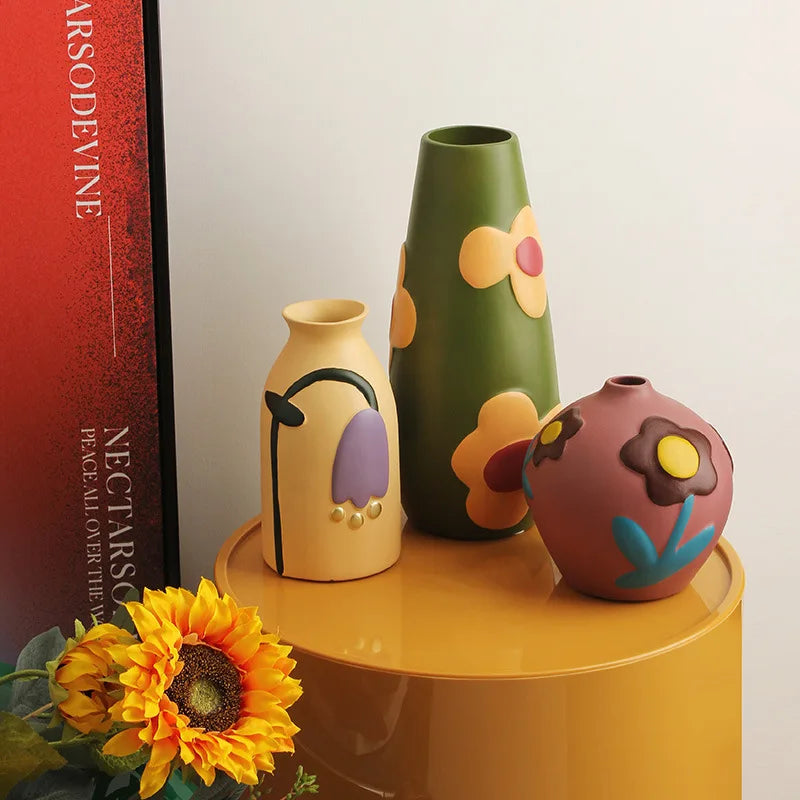 Florero de cerámica de escritorio, arreglo de flores para sala de estar, decoración creativa para el hogar, dispositivo de flores pintadas Morandi