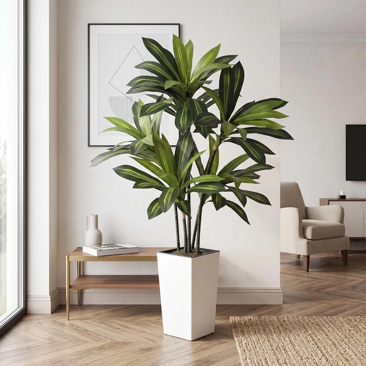 Árbol Artificial de Dracaena de 1.5 m con Maceta Alta Blanca/Negra, Planta Artificial Realista en Maceta, Árbol de Yucca Artificial Grande para Decoración de Hogar, Oficina, Sala de Estar