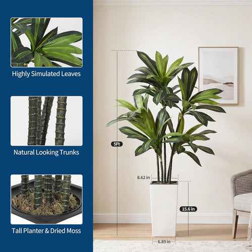 Árbol Artificial de Dracaena de 1.5 m con Maceta Alta Blanca/Negra, Planta Artificial Realista en Maceta, Árbol de Yucca Artificial Grande para Decoración de Hogar, Oficina, Sala de Estar