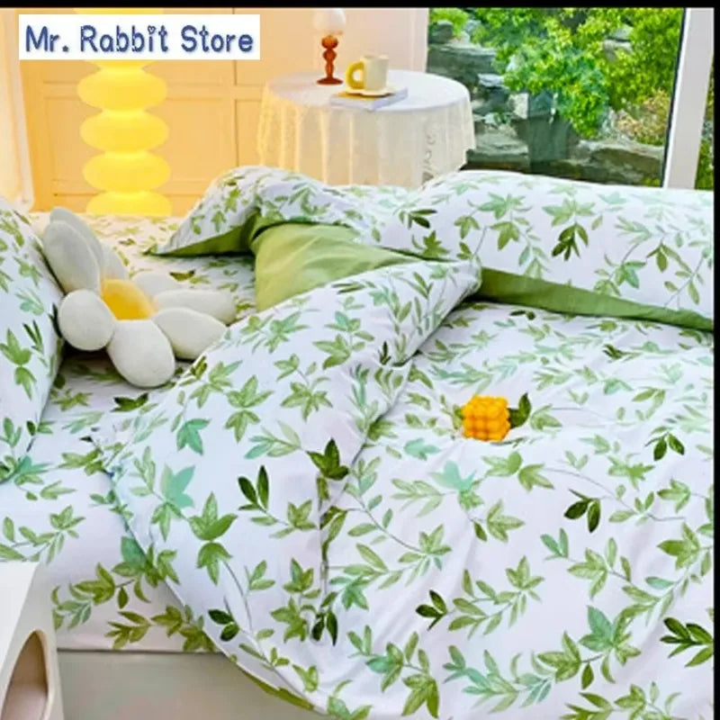 Juego de 2/3 Uds. De funda nórdica con estampado de flores verdes para cama doble Queen/King con funda de almohada, edredón nórdico, funda de edredón