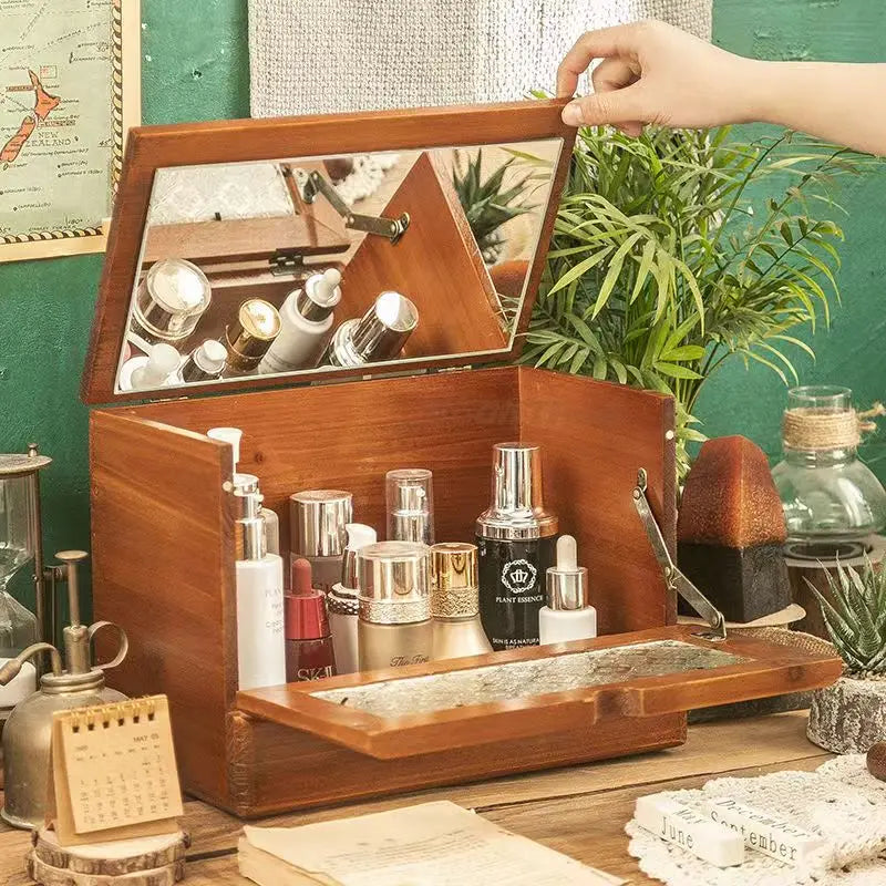 Caja de tocador de escritorio de madera Vintage con espejo, almacenamiento para el hogar, a prueba de polvo, gran capacidad, cosmético, de madera maciza
