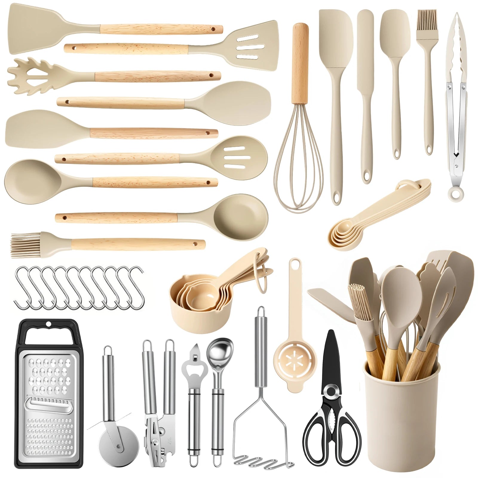 Juego de Utensilios de Cocina Antiadherentes de 44 Piezas con Mango de Madera y Silicona, Resistentes al Calor y Aptos para Alimentos, para Cocina y Repostería