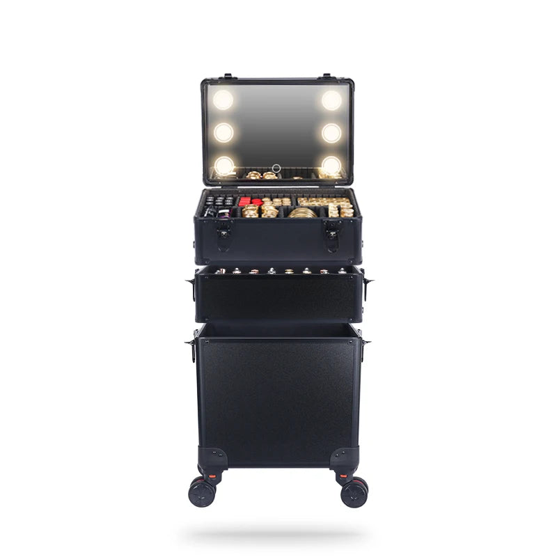 Maquillaje rodante de aluminio intercambiable portátil 3 en 1 con espejo LED y varilla de tracción - Organizador de herramientas de belleza