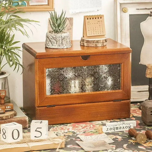 Caja de tocador de escritorio de madera Vintage con espejo, almacenamiento para el hogar, a prueba de polvo, gran capacidad, cosmético, de madera maciza
