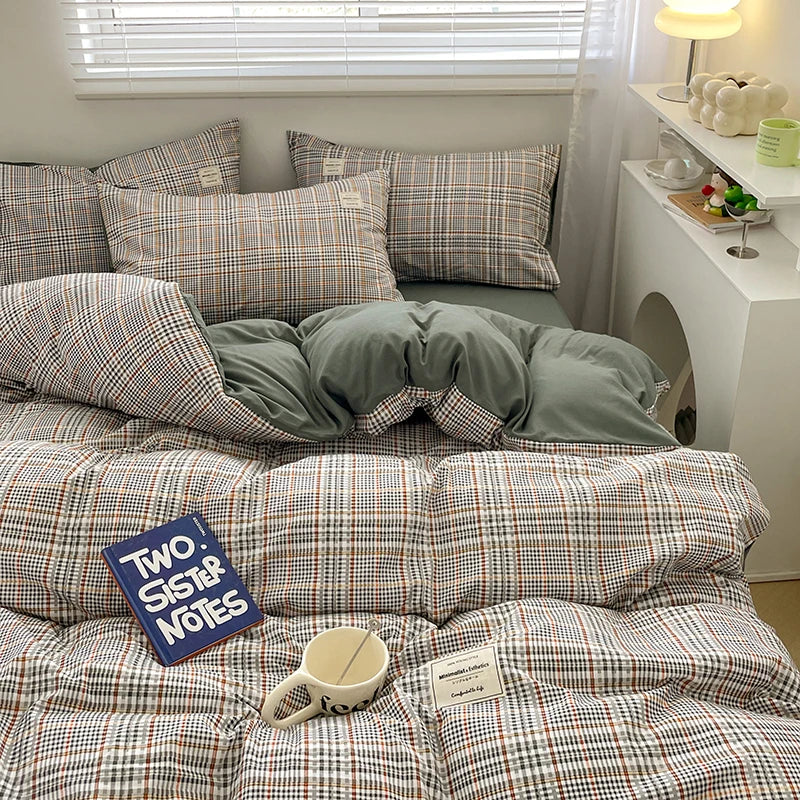 Juego de cama de algodón lavado con patrón de cuadros nórdicos, funda nórdica, funda de almohada, juego de sábanas, funda de edredón, juego de ropa de cama tamaño Queen King