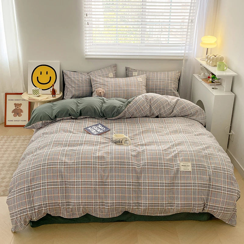 Juego de cama de algodón lavado con patrón de cuadros nórdicos, funda nórdica, funda de almohada, juego de sábanas, funda de edredón, juego de ropa de cama tamaño Queen King