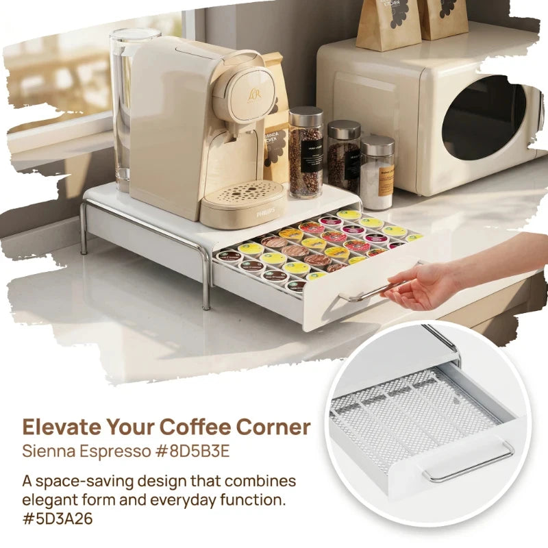 Estante expositor de café en cápsulas con cajón de almacenamiento, caja organizadora de bolsitas de té para encimera de bar, estantes de almacenamiento con cajón para base de máquina de café