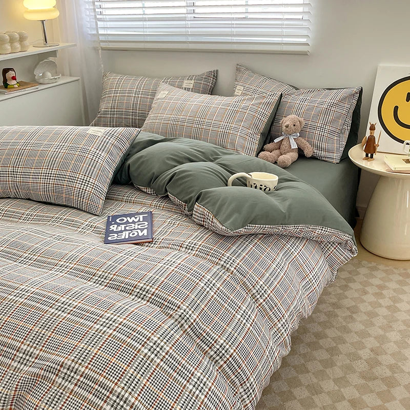 Juego de cama de algodón lavado con patrón de cuadros nórdicos, funda nórdica, funda de almohada, juego de sábanas, funda de edredón, juego de ropa de cama tamaño Queen King