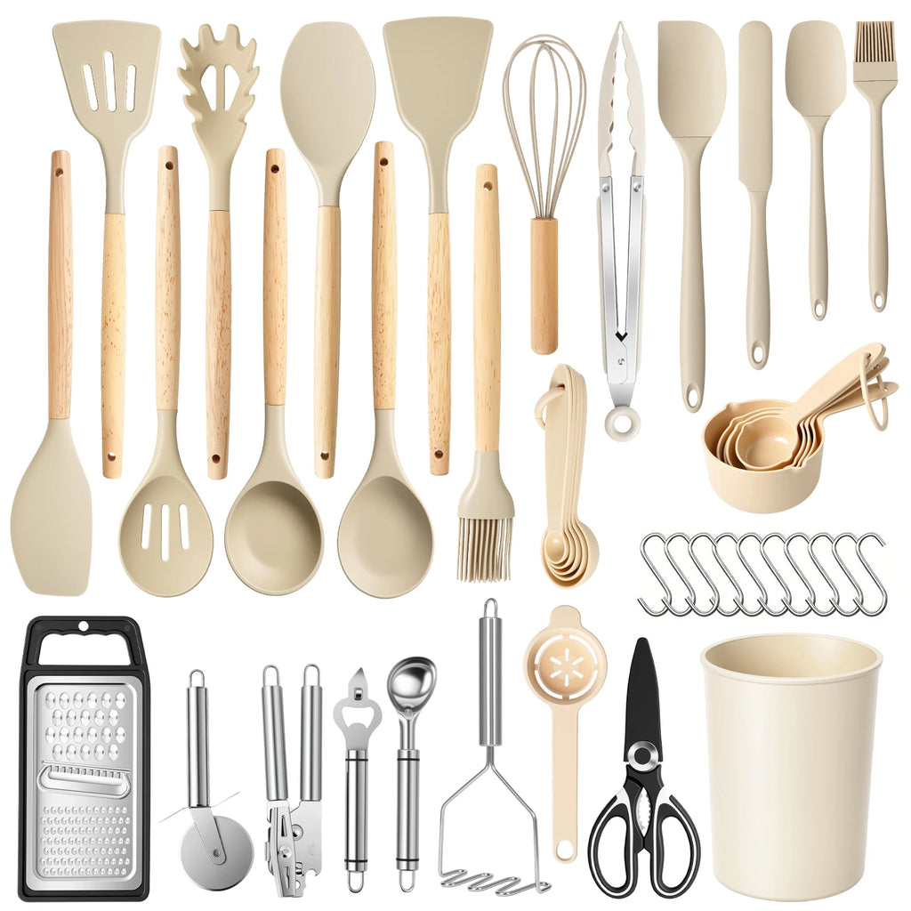 Juego de Utensilios de Cocina Antiadherentes de 44 Piezas con Mango de Madera y Silicona, Resistentes al Calor y Aptos para Alimentos, para Cocina y Repostería
