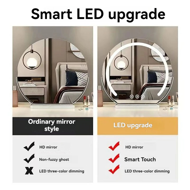 Espejo de maquillaje iluminado semicircular led con control táctil giratorio, luz de vanidad de escritorio inteligente