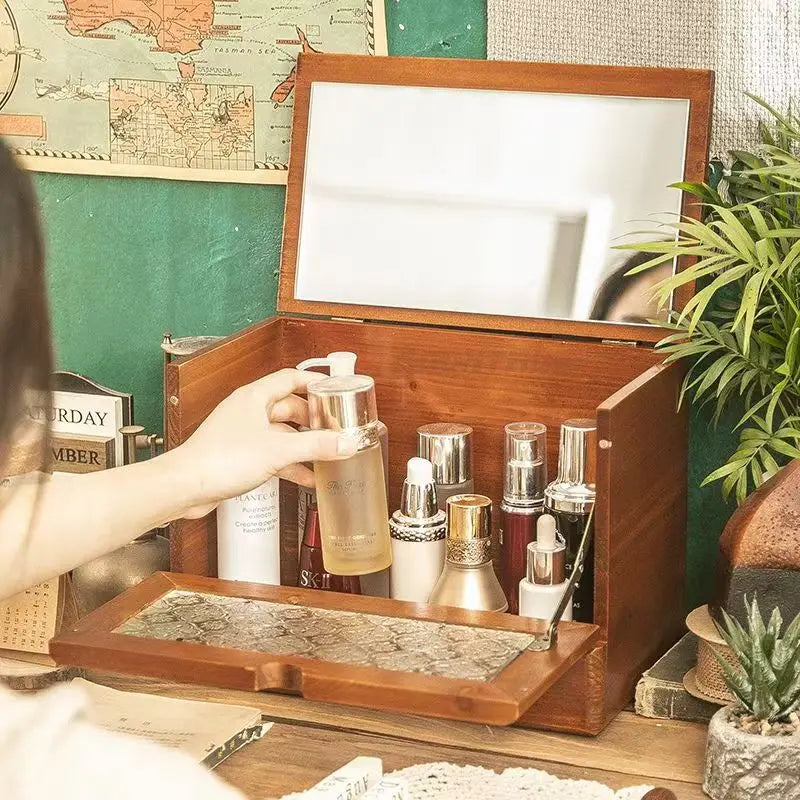 Caja de tocador de escritorio de madera Vintage con espejo, almacenamiento para el hogar, a prueba de polvo, gran capacidad, cosmético, de madera maciza