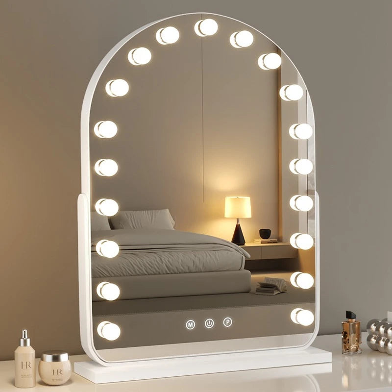 Espejo de maquillaje de escritorio grande led con bombilla, espejo de belleza inteligente, espejo de mesa de vestir giratorio