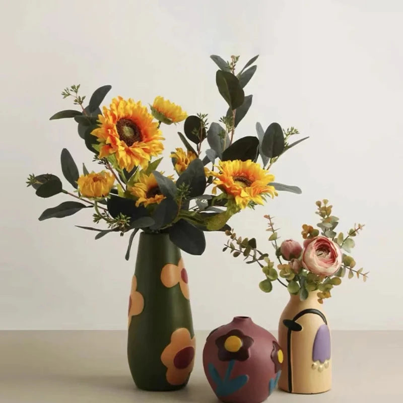 Florero de cerámica de escritorio, arreglo de flores para sala de estar, decoración creativa para el hogar, dispositivo de flores pintadas Morandi