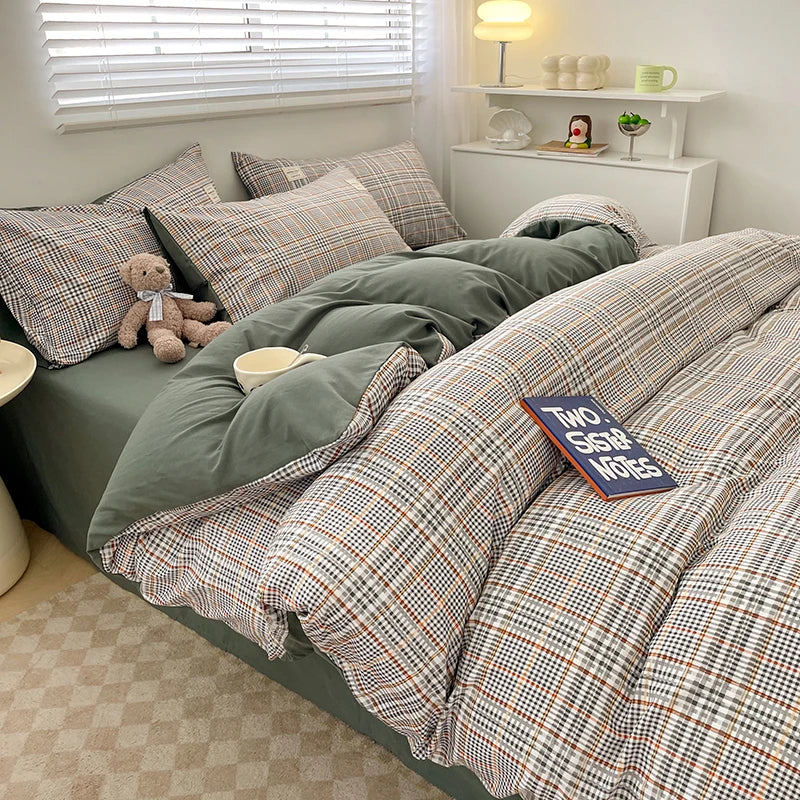 Juego de cama de algodón lavado con patrón de cuadros nórdicos, funda nórdica, funda de almohada, juego de sábanas, funda de edredón, juego de ropa de cama tamaño Queen King