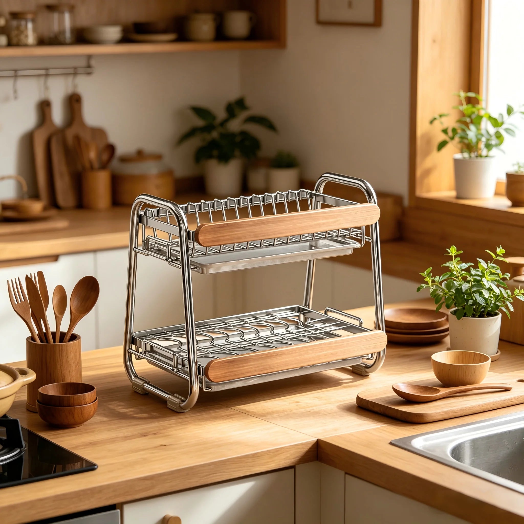 Escurridor de Platos de 2 Niveles de Acero Inoxidable 304 con Asa de Madera Retro, Escurridor de Cocina para Encimera con Bandeja de Drenaje para Platos, Tazones y Utensilios