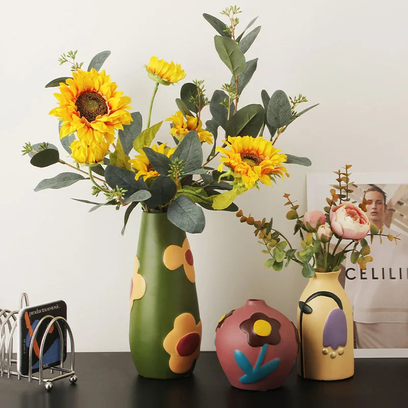 Florero de cerámica de escritorio, arreglo de flores para sala de estar, decoración creativa para el hogar, dispositivo de flores pintadas Morandi