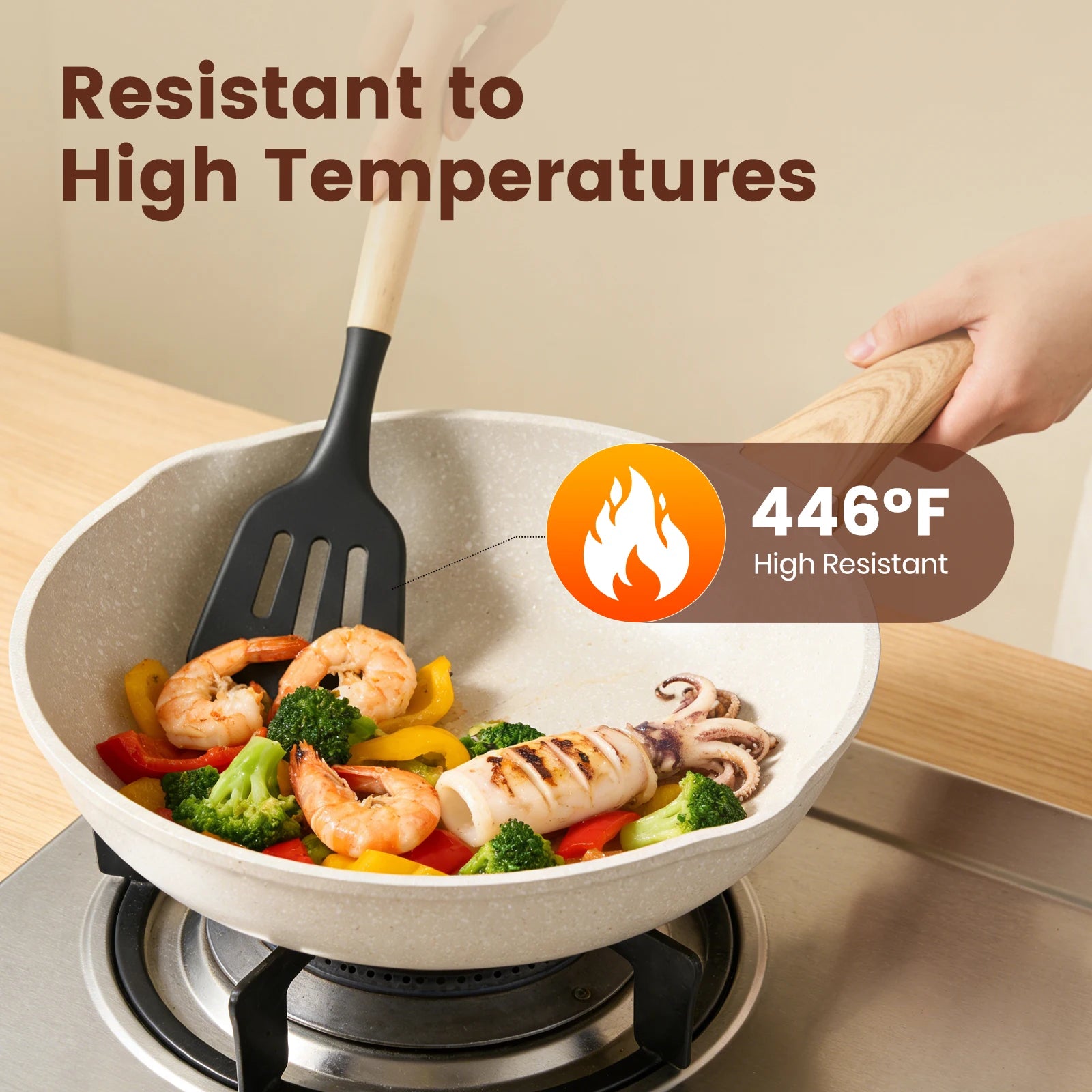 Juego de Utensilios de Cocina Antiadherentes de 44 Piezas con Mango de Madera y Silicona, Resistentes al Calor y Aptos para Alimentos, para Cocina y Repostería
