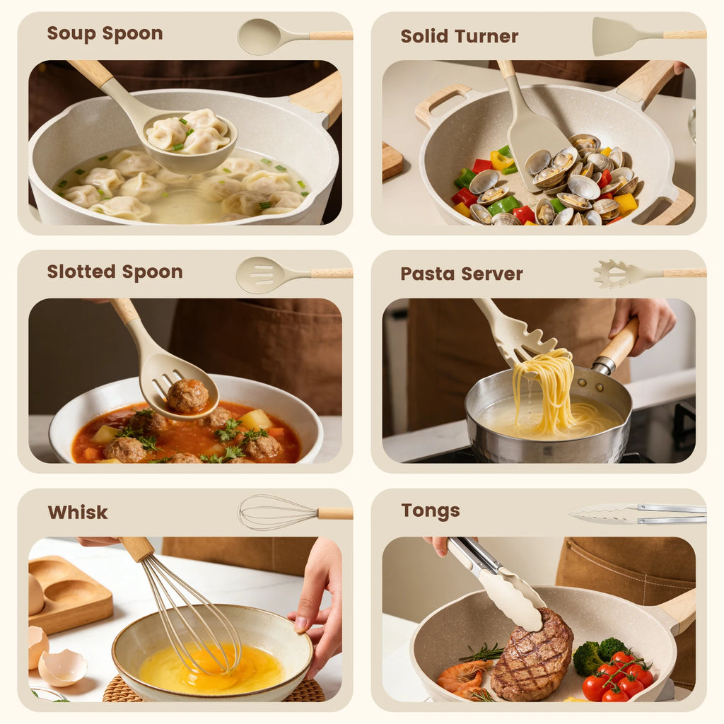 Juego de Utensilios de Cocina Antiadherentes de 44 Piezas con Mango de Madera y Silicona, Resistentes al Calor y Aptos para Alimentos, para Cocina y Repostería