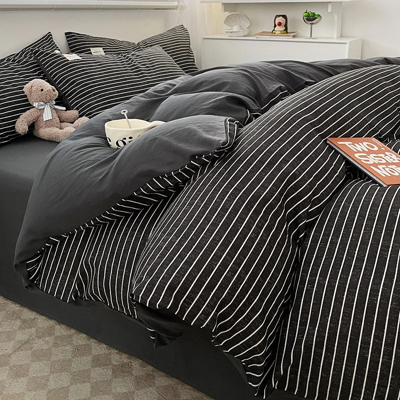 Juego de cama de algodón lavado con patrón de cuadros nórdicos, funda nórdica, funda de almohada, juego de sábanas, funda de edredón, juego de ropa de cama tamaño Queen King