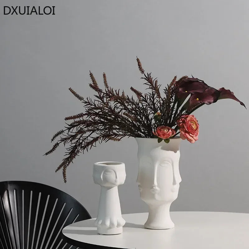DXUIALOI-jarrón artístico creativo con cara humana, decoración artesanal de cerámica, esmalte de Color blanco, arreglo floral para el hogar y la sala de estar, decoración de jarrón
