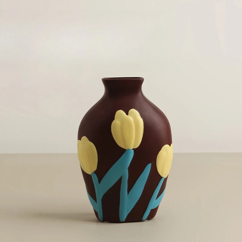 Florero de cerámica de escritorio, arreglo de flores para sala de estar, decoración creativa para el hogar, dispositivo de flores pintadas Morandi