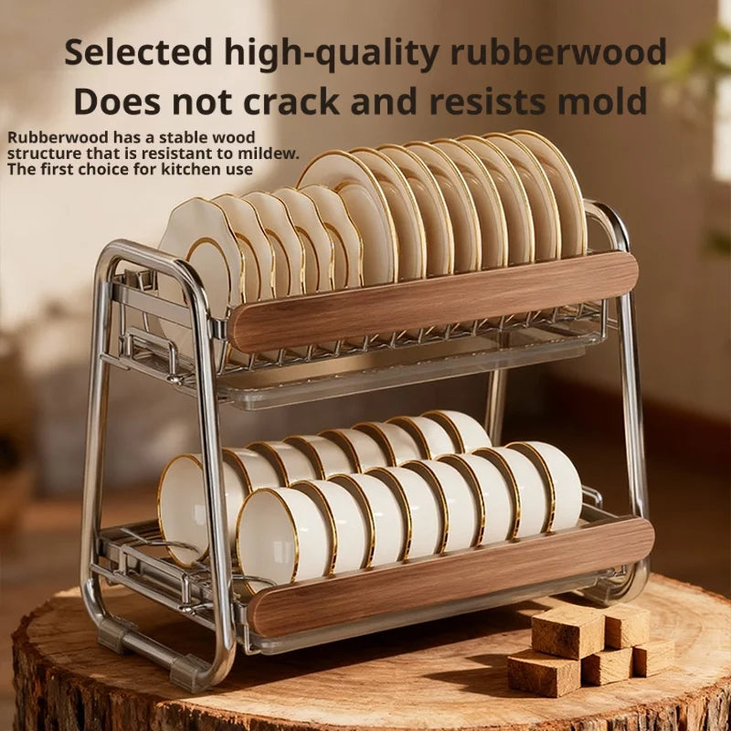Escurridor de Platos de 2 Niveles de Acero Inoxidable 304 con Asa de Madera Retro, Escurridor de Cocina para Encimera con Bandeja de Drenaje para Platos, Tazones y Utensilios