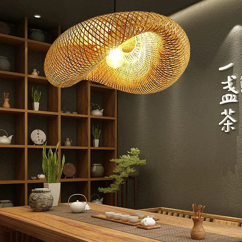 Lámpara de araña tejida de bambú ZK20, 60/50/40cm, lámpara colgante de luz de techo LED, accesorios de lámpara tejida de ratán, decoraciones para el hogar y el dormitorio