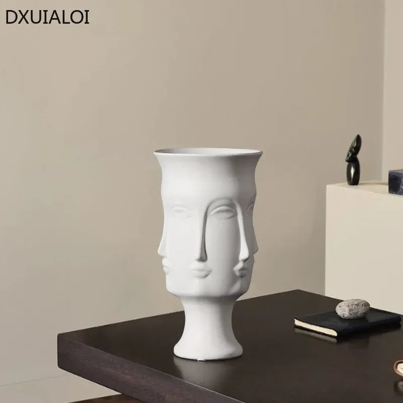 DXUIALOI-jarrón artístico creativo con cara humana, decoración artesanal de cerámica, esmalte de Color blanco, arreglo floral para el hogar y la sala de estar, decoración de jarrón
