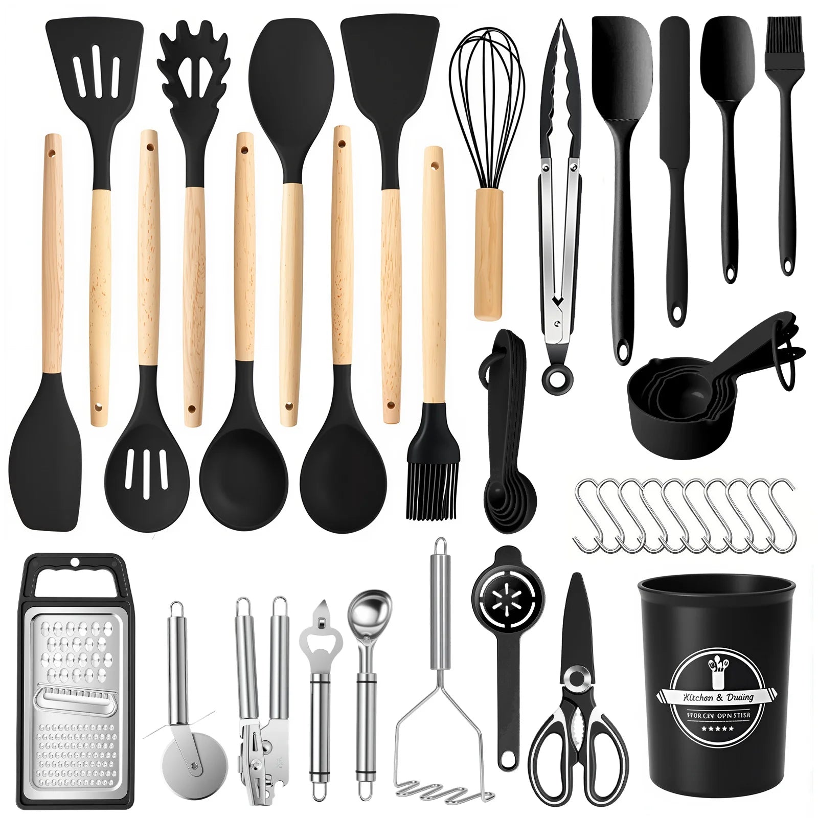 Juego de Utensilios de Cocina Antiadherentes de 44 Piezas con Mango de Madera y Silicona, Resistentes al Calor y Aptos para Alimentos, para Cocina y Repostería